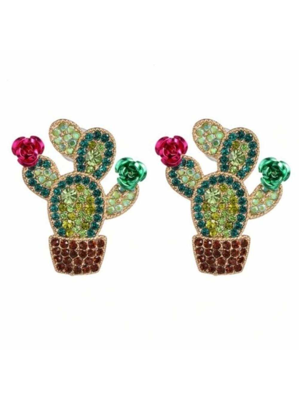 Red Green Rhinestone Cactus Flower Dangle Earrings